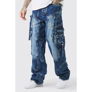BoohooMAN Plus Baggy Rigid Strap & Buckle Detail Jeans Size 42 Indigo Streetwear